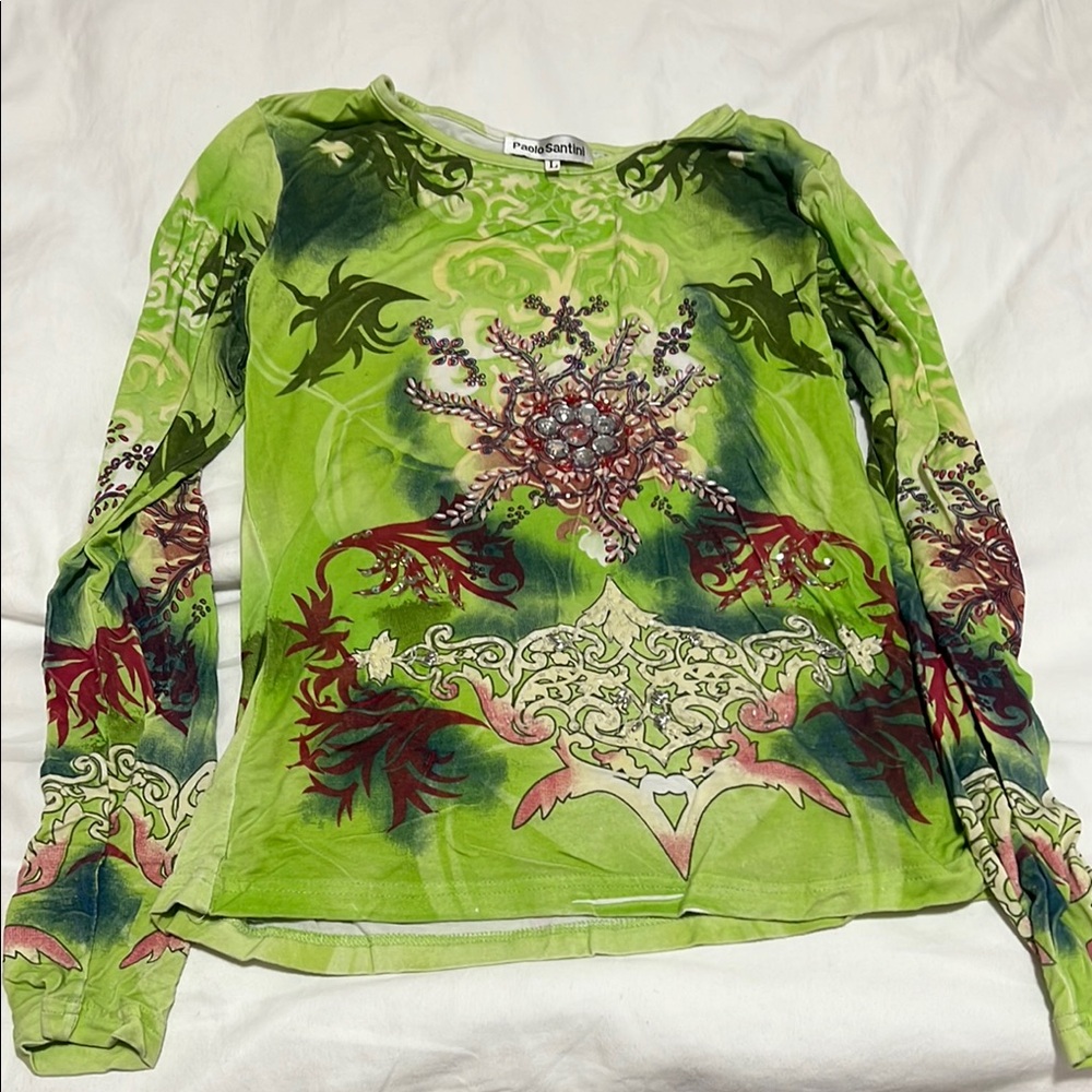 Green Graphic Long Sleeve Fitted Blouse